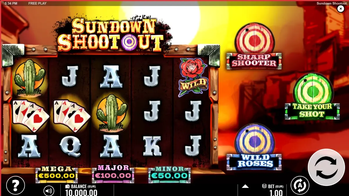 Sundown Shootout slot machine gameplay interface na may Wild West theme.