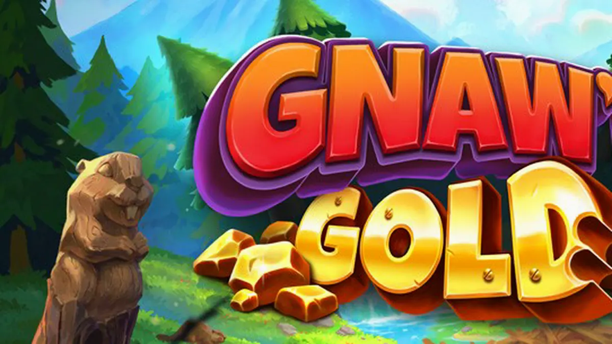 Isang masayang beaver na naghahanap ng ginto sa kagubatan sa Gnaw’n Gold slot.